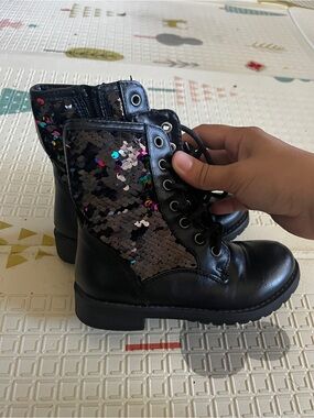 Kids Black Sequin Combat Boots